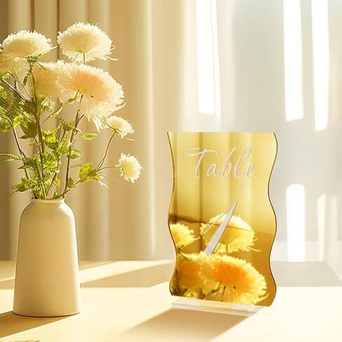 Gold Table Numbers 1-10 with Stands Holders 4.5"x6.7" Wave Elegant Wedding Acrylic Table Numbers Large Modern Mirror Table Number Signs for Party(Gold White Fonts,pack of 10) in Saudi Arabia
