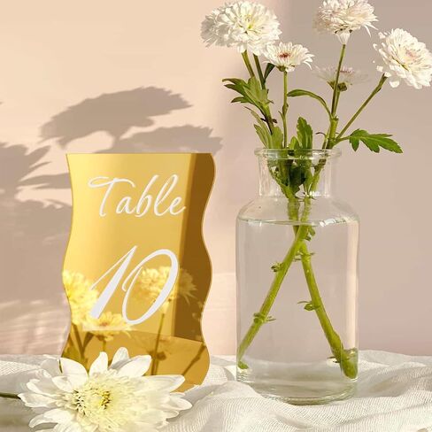 Gold Table Numbers 1-10 with Stands Holders 4.5"x6.7" Wave Elegant Wedding Acrylic Table Numbers Large Modern Mirror Table Number Signs for Party(Gold White Fonts,pack of 10) in Saudi Arabia
