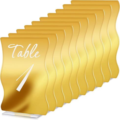 Gold Table Numbers 1-10 with Stands Holders 4.5"x6.7" Wave Elegant Wedding Acrylic Table Numbers Large Modern Mirror Table Number Signs for Party(Gold White Fonts,pack of 10) in Saudi Arabia