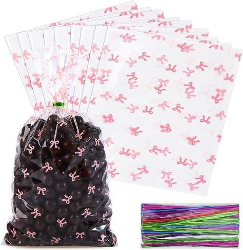SOMIOCO Clear Gift Bags 6X11In 100PCS Cello Cellophane Treat Bags Party Favor Bags Clear Candy Cookie Bags Plastic Poly Goodie Bags with Twist Tie for Birthday,Baby shower,Wedding,party(Pink Bow) in Kuwait