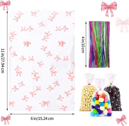 SOMIOCO Clear Gift Bags 6X11In 100PCS Cello Cellophane Treat Bags Party Favor Bags Clear Candy Cookie Bags Plastic Poly Goodie Bags with Twist Tie for Birthday,Baby shower,Wedding,party(Pink Bow) in Kuwait