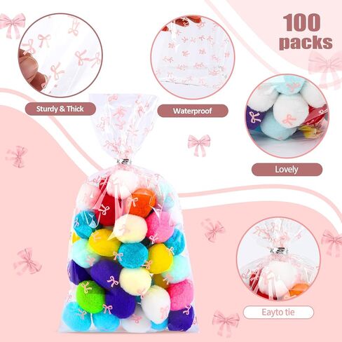 SOMIOCO Clear Gift Bags 6X11In 100PCS Cello Cellophane Treat Bags Party Favor Bags Clear Candy Cookie Bags Plastic Poly Goodie Bags with Twist Tie for Birthday,Baby shower,Wedding,party(Pink Bow) in Kuwait