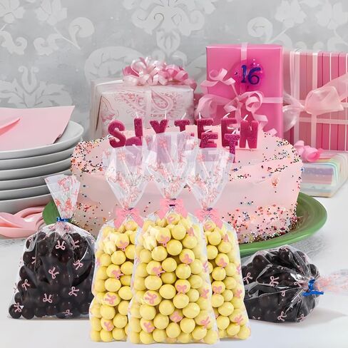SOMIOCO Clear Gift Bags 6X11In 100PCS Cello Cellophane Treat Bags Party Favor Bags Clear Candy Cookie Bags Plastic Poly Goodie Bags with Twist Tie for Birthday,Baby shower,Wedding,party(Pink Bow) in Kuwait