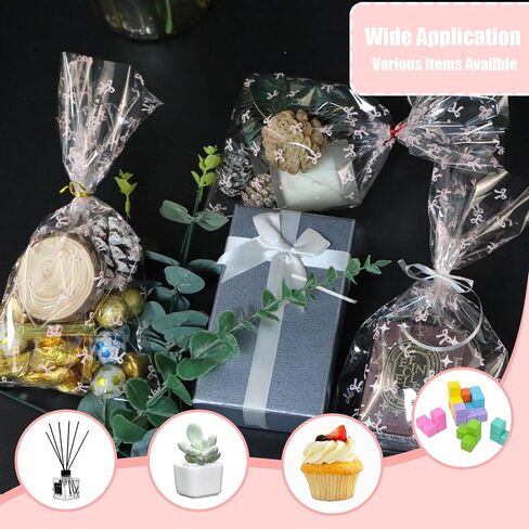 SOMIOCO Clear Gift Bags 6X11In 100PCS Cello Cellophane Treat Bags Party Favor Bags Clear Candy Cookie Bags Plastic Poly Goodie Bags with Twist Tie for Birthday,Baby shower,Wedding,party(Pink Bow) in Kuwait