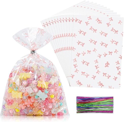 SOMIOCO Clear Gift Bags 6X11In 100PCS Cello Cellophane Treat Bags Party Favor Bags Clear Candy Cookie Bags Plastic Poly Goodie Bags with Twist Tie for Birthday,Baby shower,Wedding,party(Pink Bow) in Kuwait