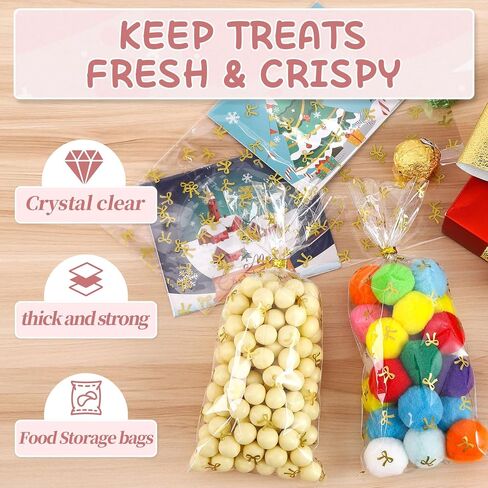SOMIOCO Clear Gift Bags 6X11In 100PCS Cello Cellophane Treat Bags Party Favor Bags Clear Candy Cookie Bags Plastic Poly Goodie Bags with Twist Tie for Birthday,Baby shower,Wedding,party(Pink Bow) in Saudi Arabia