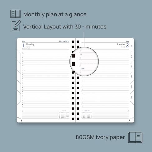 POPRUN 2025 Daily Planner One Page per Day (Leather Softcover - A5 Medium Size - 5.5'' x 8.5'') - 2025 Daily Calendar Hourly Appointment Book with Pocket, Monthly Tabs, Pen Holder, Pacific Green in Saudi Arabia