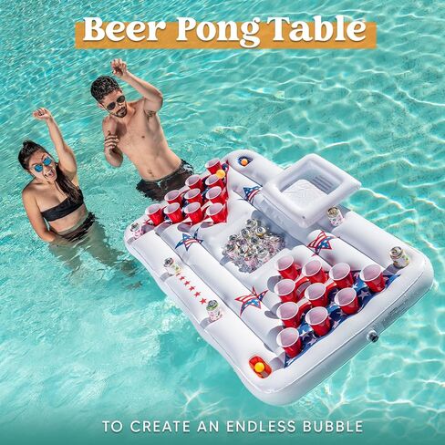 SLOOSH Summer Pool Games Inflatable Pong Table Float for Adults 6x3 Ft Party in Summer Pool Floats, Pool Lounge Floating Raft Toys with Cooler and 8 Pong Balls, Inflatable Party Fun Games (White) in Kuwait