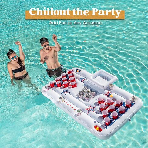 SLOOSH Summer Pool Games Inflatable Pong Table Float for Adults 6x3 Ft Party in Summer Pool Floats, Pool Lounge Floating Raft Toys with Cooler and 8 Pong Balls, Inflatable Party Fun Games (White) in Kuwait