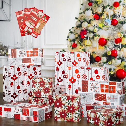 12Pcs Red Foil Christmas Floral Gift Box with Stickers Bulk, Candy Cane Deep Robe Shirt Box w/Lid Tags for Small Present Cosmetic Glove Scarf, Assorted Design, Shape Sizes L,M,S, Soft Gift Wrapping Packaging Box in Kuwait