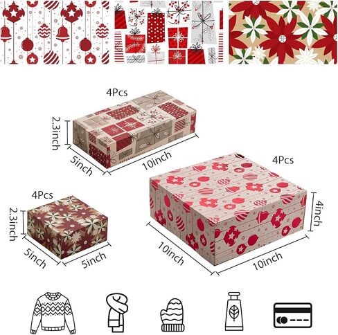 12Pcs Red Foil Christmas Floral Gift Box with Stickers Bulk, Candy Cane Deep Robe Shirt Box w/Lid Tags for Small Present Cosmetic Glove Scarf, Assorted Design, Shape Sizes L,M,S, Soft Gift Wrapping Packaging Box in Kuwait