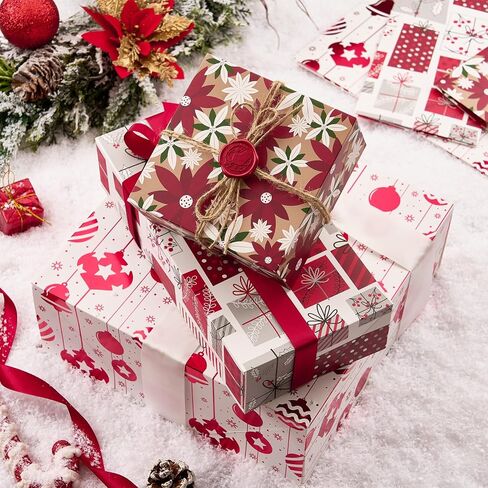 12Pcs Red Foil Christmas Floral Gift Box with Stickers Bulk, Candy Cane Deep Robe Shirt Box w/Lid Tags for Small Present Cosmetic Glove Scarf, Assorted Design, Shape Sizes L,M,S, Soft Gift Wrapping Packaging Box in Kuwait