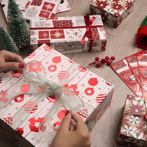 12Pcs Red Foil Christmas Floral Gift Box with Stickers Bulk, Candy Cane Deep Robe Shirt Box w/Lid Tags for Small Present Cosmetic Glove Scarf, Assorted Design, Shape Sizes L,M,S, Soft Gift Wrapping Packaging Box in Kuwait