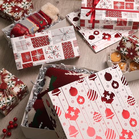 12Pcs Red Foil Christmas Floral Gift Box with Stickers Bulk, Candy Cane Deep Robe Shirt Box w/Lid Tags for Small Present Cosmetic Glove Scarf, Assorted Design, Shape Sizes L,M,S, Soft Gift Wrapping Packaging Box in Kuwait
