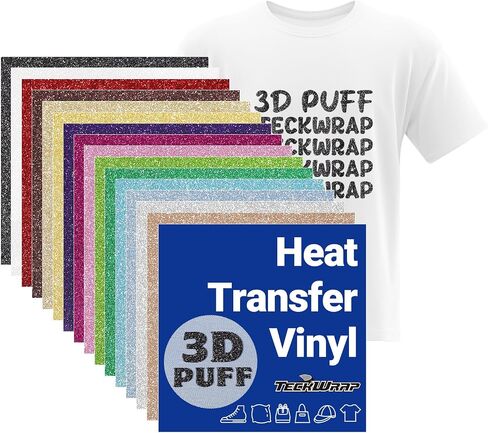 TECKWRAP 3D Puff Vinyl Heat Transfer Vinyl Sheets, 15 Sheets 12"x10" Iron-on Vinyl for T-Shirts, Clothes, Bags and More, Compatible with Most Cutter Machines, Easy to Cut & Weed in Saudi Arabia