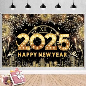 Large Happy New Year Backdrop Banner, Black Gold New Years Banner Happy New Year Decorations 2025, New Years Eve Backdrop 2025 for New Year Eve Party Supplies 2025