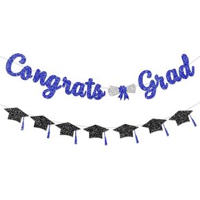 Glitter Blue Congrats Grad Decorations Banner Pre-Strung Graduation Decorations Class of 2024 Banner Blue and Black Congrats Grad with Tassel Decor College High School Graduation Party Favors no DIY
