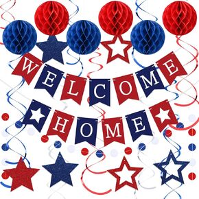 Welcome Home Decorations Welcome Home Banner with Glitter Stars Hanging Swirl Streamers,Honeycomb Balls,Circle Dots Garland,Welcome Home Sign for Homecoming Party Decor Supplies (Blue)