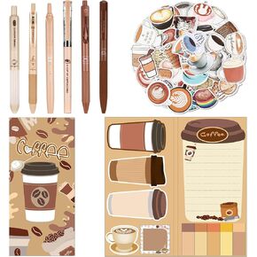 57 Pcs Coffee Themed Gifts for Coffee Lovers Aesthetic Coffee Stationery Set Includes 6 Pcs Black Ink Coffee Pens Sticky Note 50 Pcs Stickers Cute Coffee Stuff for Office School Supplies