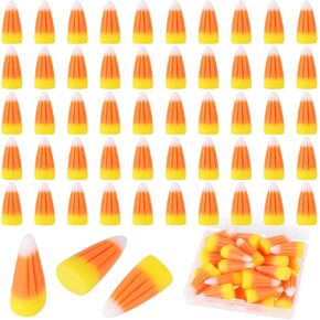 EVERMARKET 50 Pcs Resin Candy Corn Decor Cute Fake Candy Corn Embellishment Resin Corn Craft Halloween Decorations with Storage Box for DIY Craft Wreath Scrapbooking Party Home Decor