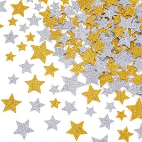 200Pcsc Glitter Foam Star Stickers, 4 Sizes Gold Silver Star Stickers, Self Adhesive Holographic Christmas Party Decorations Supplies for DIY Crafts, Wall, Scrapbooks, Cards