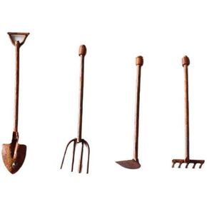4 Pcs/Set Miniature Dollhouse Garden Tools 1:12 Mini Rusty Shovel Hoe and Pitchfork Fairy Garden Accessories Furniture Ornaments Micro Landscape Decor Garden Sculptures Statues(ZS358)