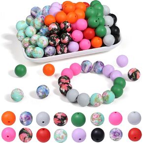 QINJIEJIE 70Pcs 15mm Silicone Beads - Cow Print Focal Beads for Keychain/Necklace/Bracelets Making