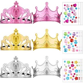 18 Pieces DIY Crowns Set Include 6 Pieces Foam Princess Crowns and 12 Pieces Crystal Diamond Sticker for Kids