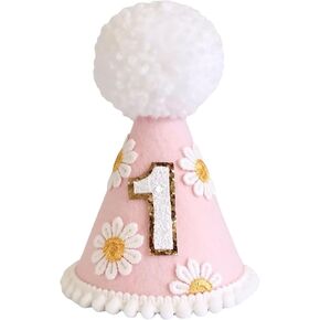 Daisy 1st Birthday Hat,Boho 1st Birthday Conical Cap,Baby First Birthday Hat for Baby Kids,Birthday Girl Boy Gift,Photo Booth Props,Groovy Boho 1st Birthday Decorations Accessories,Pink