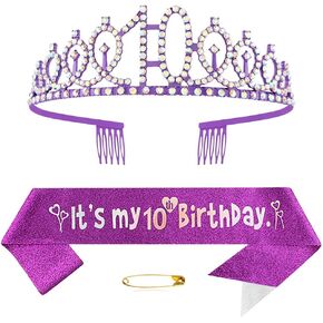 Purple 10th Birthday Sash for Girls Birthday Princess Crown Queen Tiara Rhinestone Birthday Headbands Birthday Girl Sash Happy Birthday Decorations for Girls 10 Year Old Birthday Party Supplies