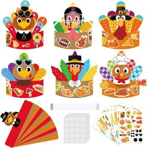 Thanksgiving Turkey Craft Kits 12 Pack, Adjustable Paper Thanksgiving Turkey Crowns Hats with Stickers for Kids Adults School Holiday Activity. (Turkey 12)