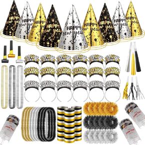 156 Pcs New Years Eve Party Supplies Kit for 36 Guests 2025 Happy New Year Hats Headband Tiara Metallic Fringed Noise Makers Blowing Horns Blowout Necklace Wristband New Years Eve Supplies