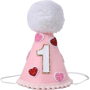 YOUAME Pink Heart Party Hat - Girls 1st Birthday Party Decorations,Pink Heart First Birthday Cone Hat,1st Party Decor,One Birthday Crown Outfit