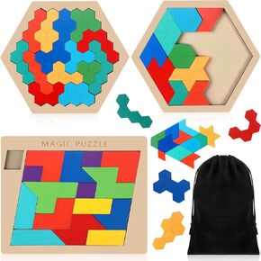 Yunsailing 3 Pack Wooden Tangram Puzzles Brain Teaser Puzzles for Adult & Kids Russian Blocks Puzzle Hexagon Wood Puzzle Geometric Jigsaw Intelligence Challenge Brain Logic Mind Game Educational Gifts