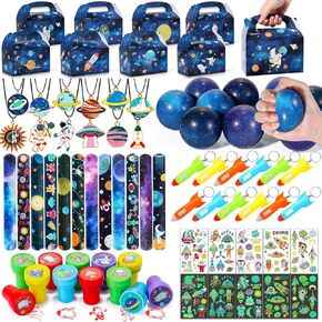 Golray 84pcs Space Party Favors Box Stress Balls Glow In Dark Tattoos Stamp Necklace Toy Gift for Boy Kids Galaxy Birthday Party Supplies Stuffer Treat Gift Goodie Bag Filler