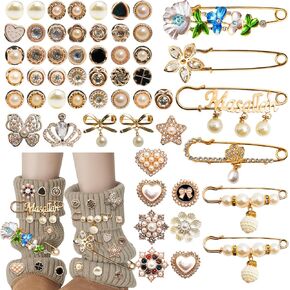 54Pcs Charms for Socks Junk Sock Charms Pins Pearl Brooch Safety Pins, Gold Bling Sock Charms Accessories Shoe Charms for Women Clothes Dress Jeans Pants Skirt Waist Tightener Safety Pin Christmas