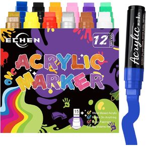 12 Colors Jumbo Acrylic Paint Markers, 15mm Waterproof Permanent Paint Pens for Wood, Canvas, Stone, Rock Painting, Mug, Ceramic, Glass, Metal Surfaces, DIY Crafts Making Art Supplies