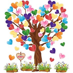 Whaline 108Pcs Valentine's Day Heart Tree Bulletin Board Decor Colorful Heart Tree Cut-Outs Valentine Watercolor Lovely Classroom Tree with Glue Points for School Wall Chalkboard Decor