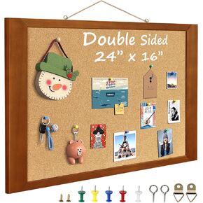 Cork Boards for Wall 16" x 24", 1 Pack Extra Wide Wooden Framed Bulletin Board, Decorative Hanging Pin Board, Corkboards for Wall Notice Board Memo Board for Home, School, Office, Two-Sides Cork