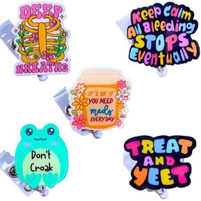 YJ PREMIUMS 5 PC Funny Cute Nurse Badge Reel Retractable Holder Clip for Nurses Nursing Student CNA RN LPN MA Medical Assistant Pharmacy X-Ray Treat Yeet Don’t Croak Keep Calm Accessories