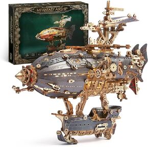 FUNPOLA LED 3D Wood Puzzle Fantasy Airship Model - Steampunk DIY Craft Kit with LED Lights – Intricate Wooden Airship Model Building Set for Teens and Adults(White)