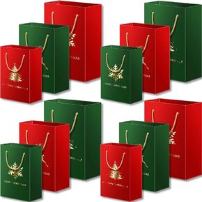 Christmas Gift Bags Assorted Sizes Red Green Metallic Texture Finish with Golden Spot Gloss Evergreen Tree Elk for XMas and Christmas Snowflakes with Handle (12 Bags: 4 Extra Large 16", 4 Large 13", 4 Medium 8")