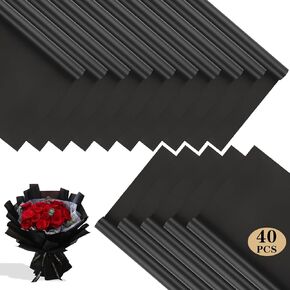 40 Sheets Flower Wrapping Paper - Waterproof Floral Bouquet Wrapping Paper, Korean Florist Bouquet Supplies Matte for DIY Crafts Packaging Wedding Birthday Gift, 22.8x22.8 inch, Black
