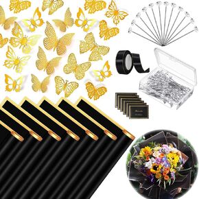 20 Sheets Flower Wrapping Paper,Black Floral Wrapping Paper Bouquet Kit with 100 Pcs Diamond Bouquet Pins 48Pcs 3D Gold Butterflies 1Roll Ribbon 10 Cards for Graduation Birthday Wedding DIY Craft