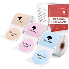 M110 Round Labels, Self-Adhesive Thermal Sticker, Phomemo M110 Label Compatible with M110 M120 M200 M220 M221 Label Printer, Black Text on Pink, Blue, Khaki, 1.96" x1.96 (50x50mm), 140 Labels/Roll