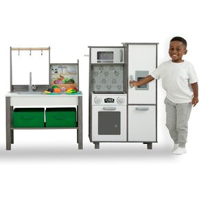 Delta Children Gourmet All-in-One Corner Play Kitchen - Toy Kitchen Playset with Safe & Heatless Stove with Lights, Oven, Sink, Fridge/Freezer with Ice Maker and 20 Accessories, Natural/White