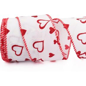 Valentine's Day Ribbons for Wreath Bows Wrapping Gifts, Organdy Heart Ribbons for Valentine's Day Wedding Decoration DIY Crafts, 2.48" X 10 Yards Wired Edge Burlap Ribbon