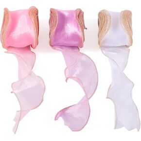 Beadthoven 15 Yards Iridescent Fishtail Yarn Ribbon Glitter Sheer Ribbons Organza Ribbons for Flowers Bouquet Packaging Gift Wrapping Wedding Decoration Pink Purple White