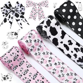 4 Rolls Cow Print Wired Ribbon 24 Yard 2.5 Inch Pink Black and White Striped Cow Spot Animal Print Ribbon for Wreath Bow DIY Crafts Christmas Party Decorations
