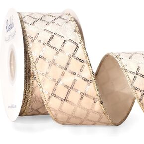 Ribbli Champagne Gold Velvet Wired Ribbon with Glitter Sequin 2.5 Inch x 10 Yards Christmas Ribbon for Gift Wrapping Tree Decoration Crafts Wreaths Supplies